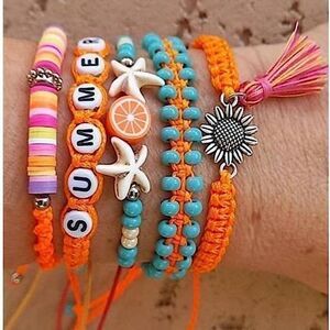 Boho Summer Beach Bracelet Set Orange Teal Beaded Tropical Friendship Jewelry
